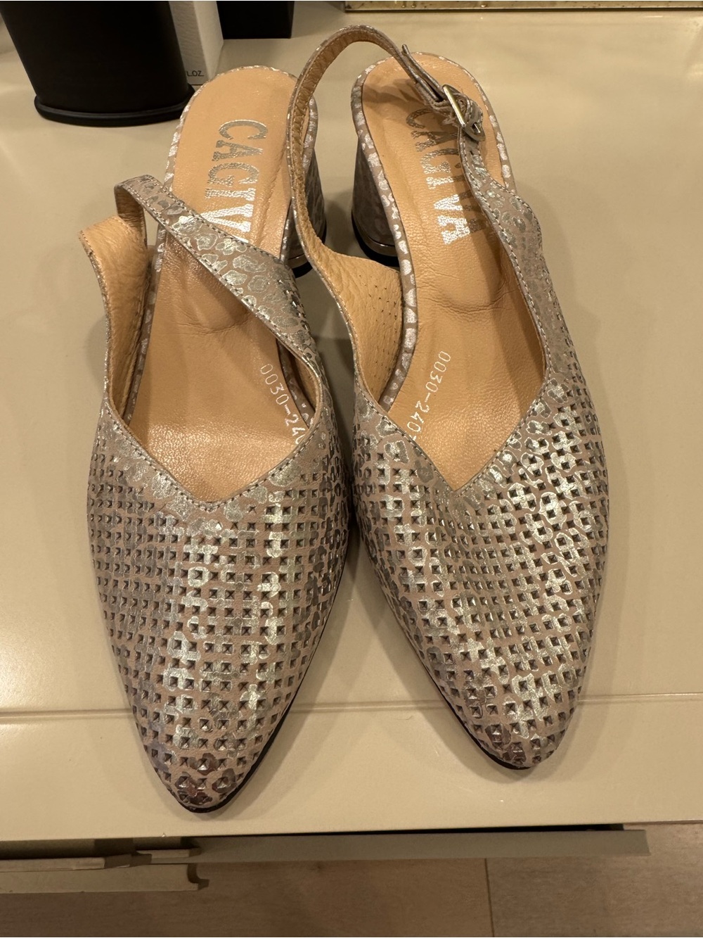 Metallic Taupe Slingback Flats with Cutout Detail